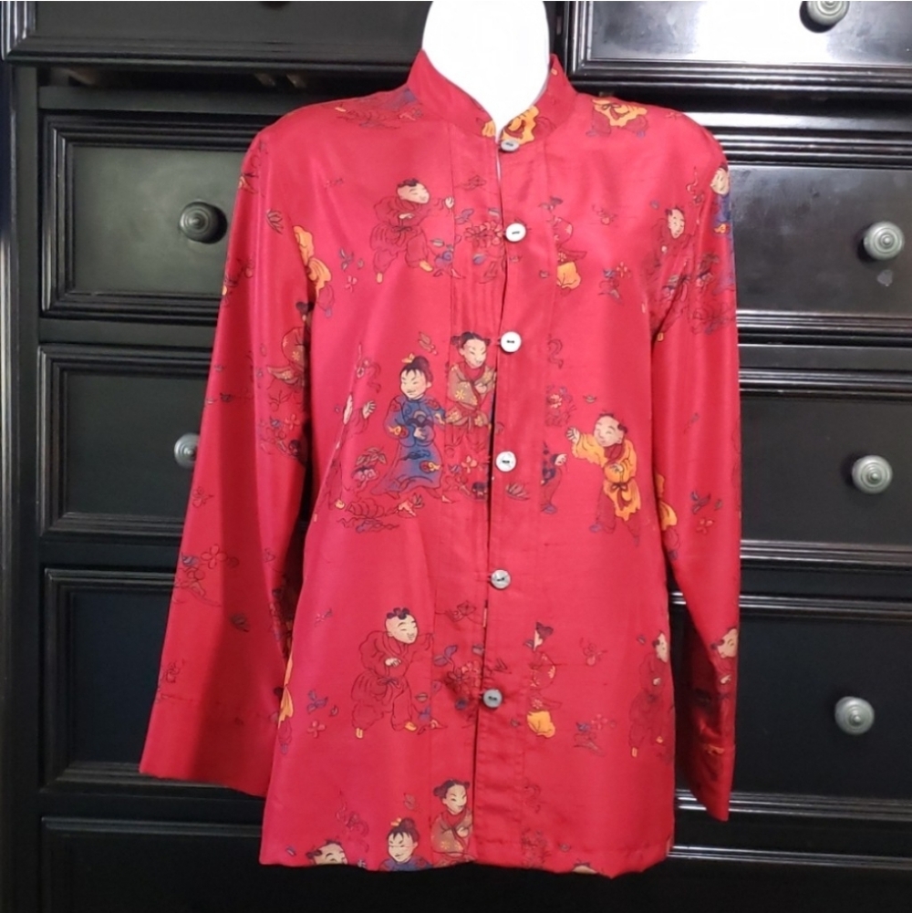 Chico's Design, 100% Washable Silk, Dark Red, Chinese Motif, Chico's sz 0, XS, 4